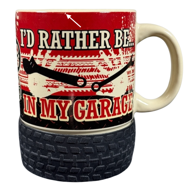 I'd Rather Be In My Garage rubber tire mug with red wrench design and textured tire grip