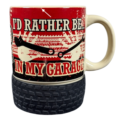 I'd Rather Be In My Garage rubber tire mug with red wrench design and textured tire grip