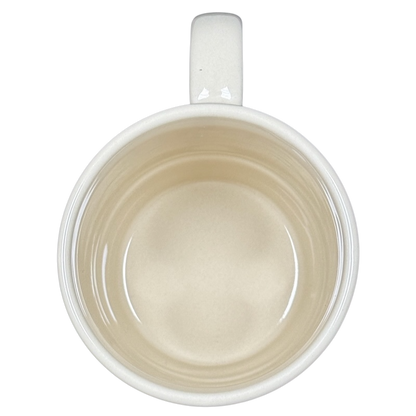 Top view beige ceramic mug with handle empty inside product titled I'd Rather Be In My Garage rubber tire mug