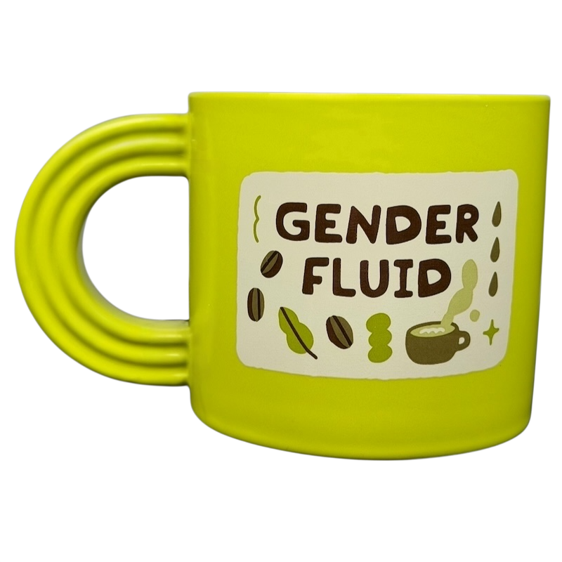 Bright green Gender Fluid Pride Mug Target with fun coffee-themed graphics and a cool handle design