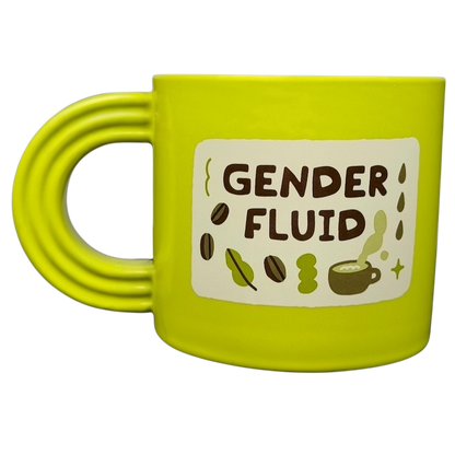 Bright green Gender Fluid Pride Mug Target with fun coffee-themed graphics and a cool handle design