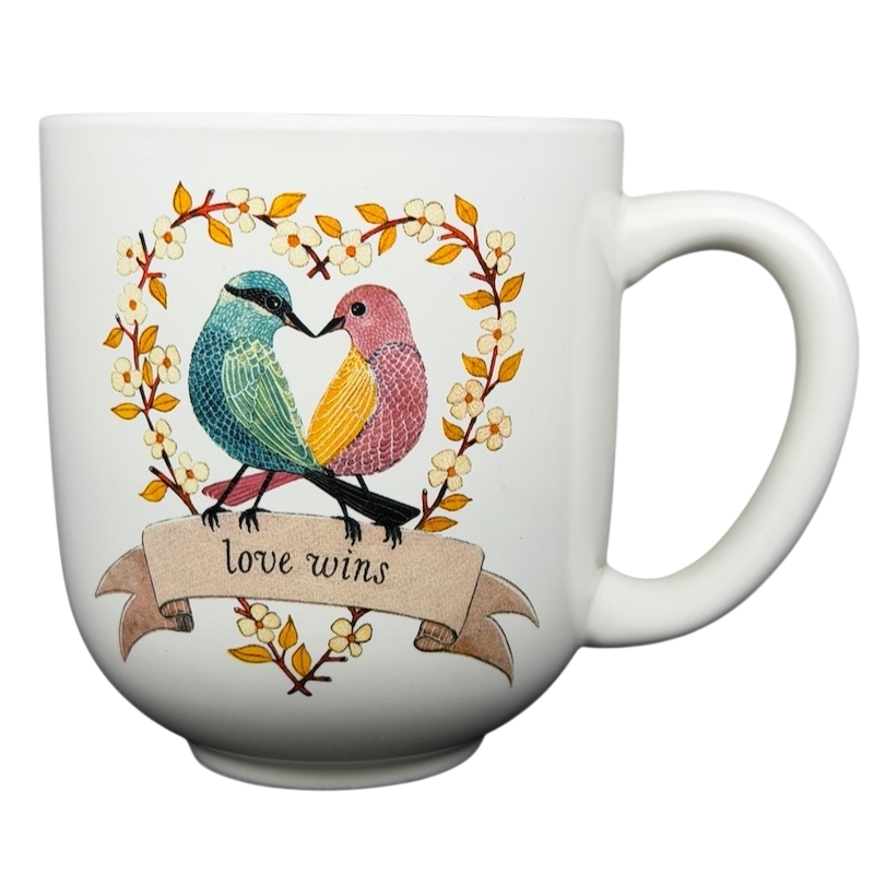 Geninne's Art Love Wins mug featuring colorful birds and floral design celebrating love