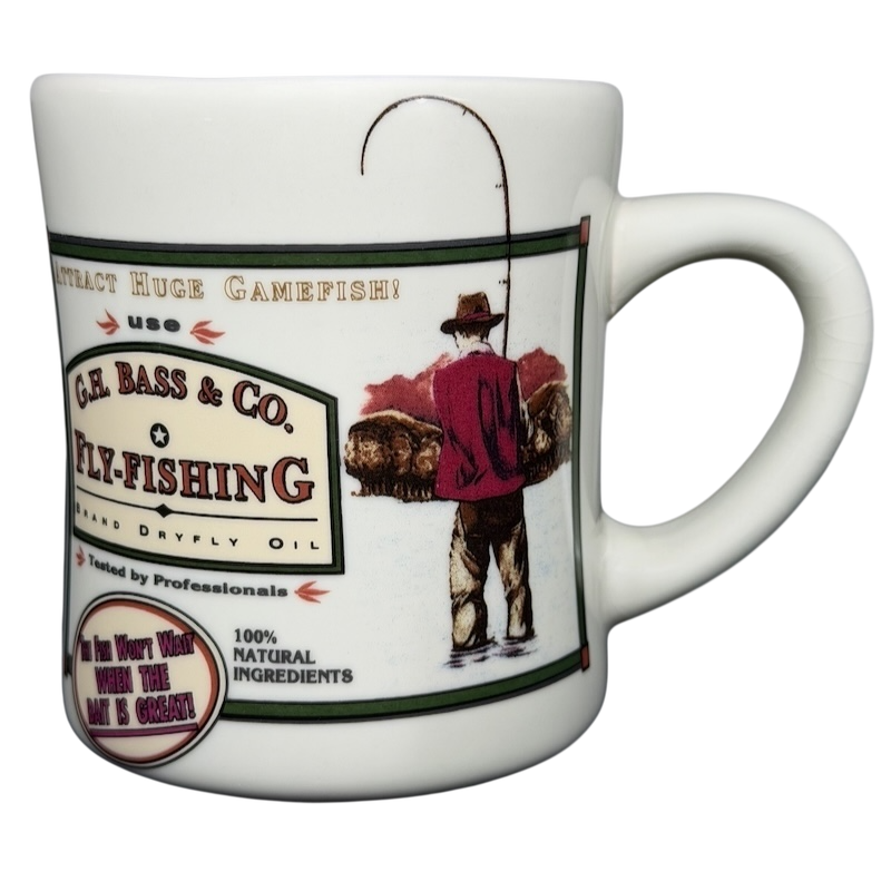 Vintage G.H. Bass Fly-Fishing mug featuring a fisherman and gamefish design