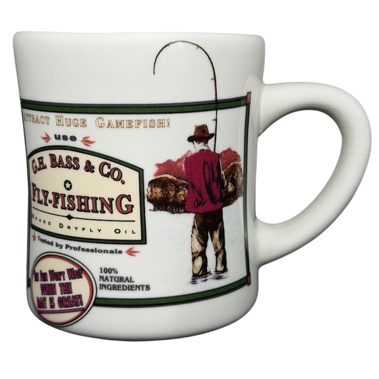 Vintage G.H. Bass Fly-Fishing mug featuring a fisherman and gamefish design
