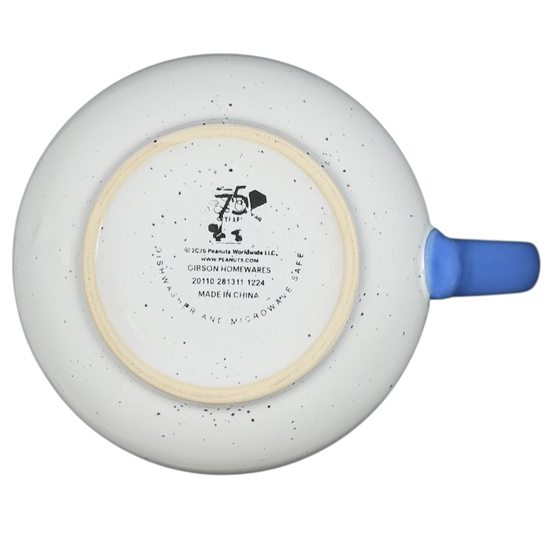 Underside view of Peanuts Lucy 'Grouchy Since Forever' Mug Gibson with blue handle and speckled design