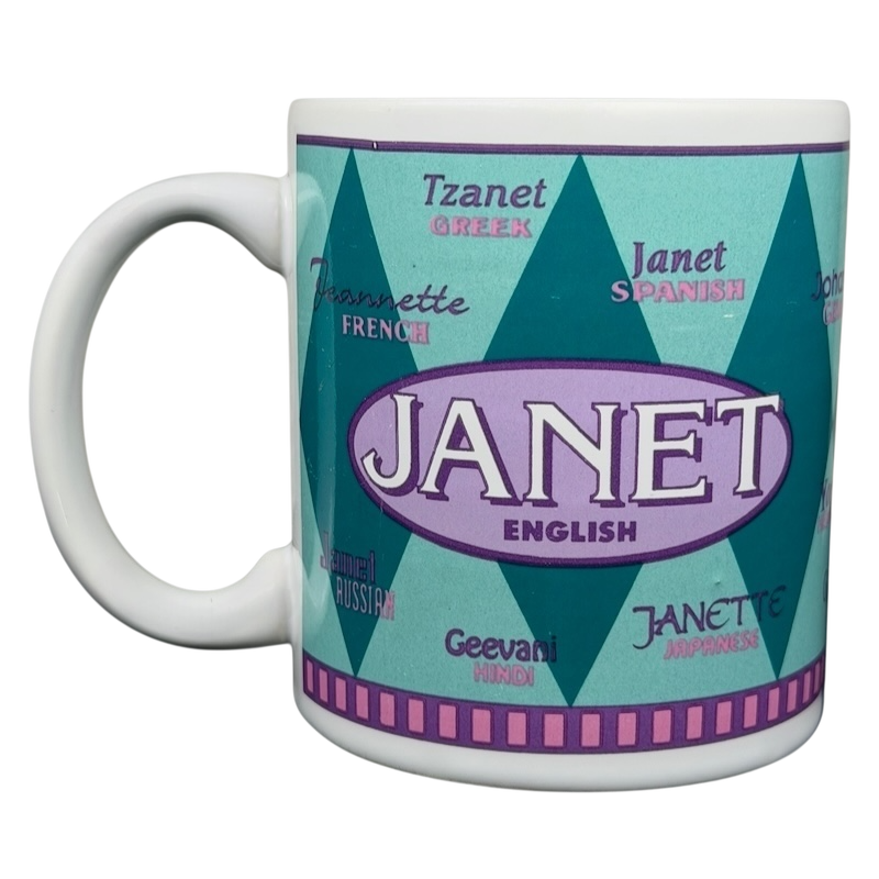JANET international names mug featuring names in various languages like Janet English and Janet Spanish