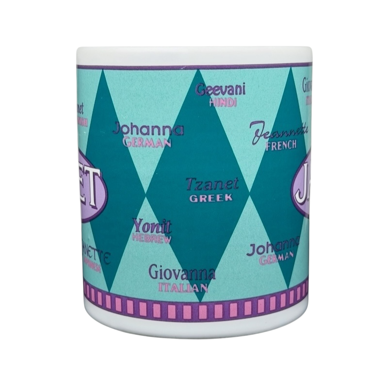 JANET international names mug featuring various names in different languages on a colorful design