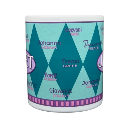 JANET international names mug featuring various names in different languages on a colorful design