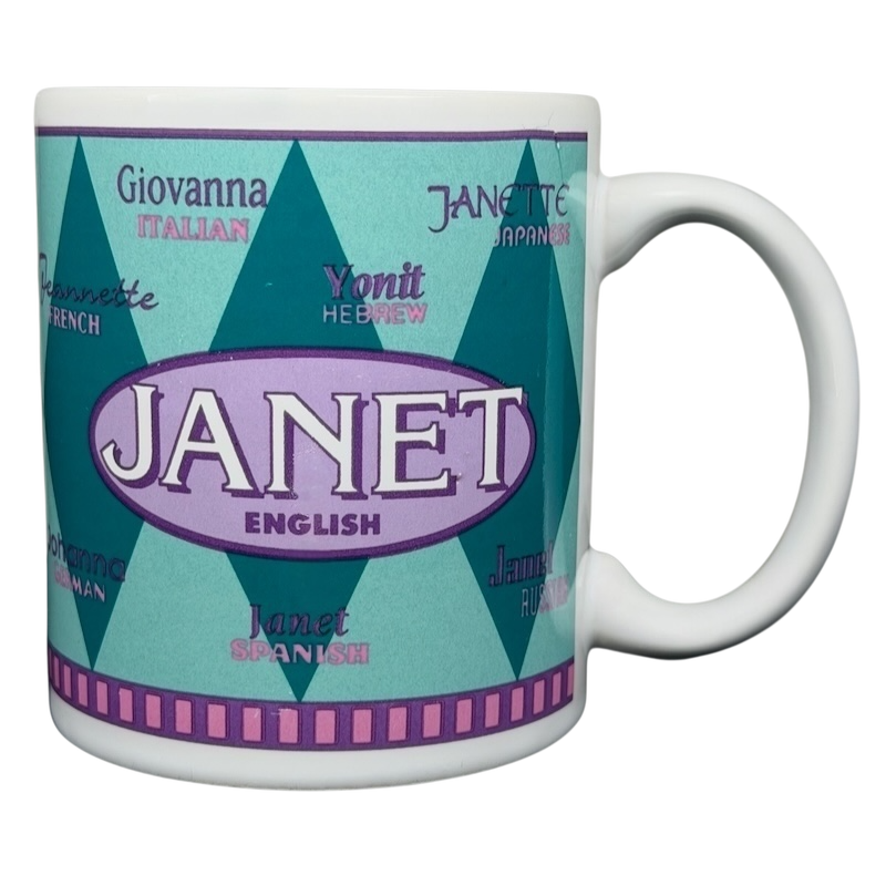 Colorful JANET international names mug featuring variations of the name in different languages
