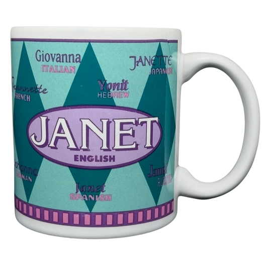 Colorful JANET international names mug featuring variations of the name in different languages