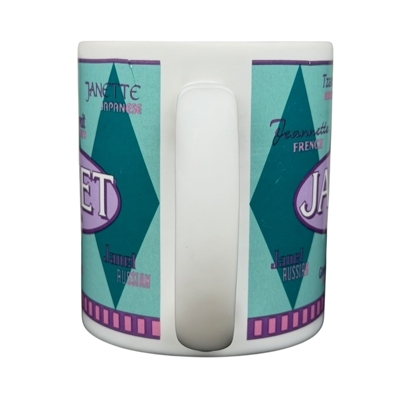 JANET international names mug featuring colorful graphics and names from various cultures