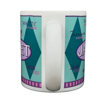 JANET international names mug featuring colorful graphics and names from various cultures