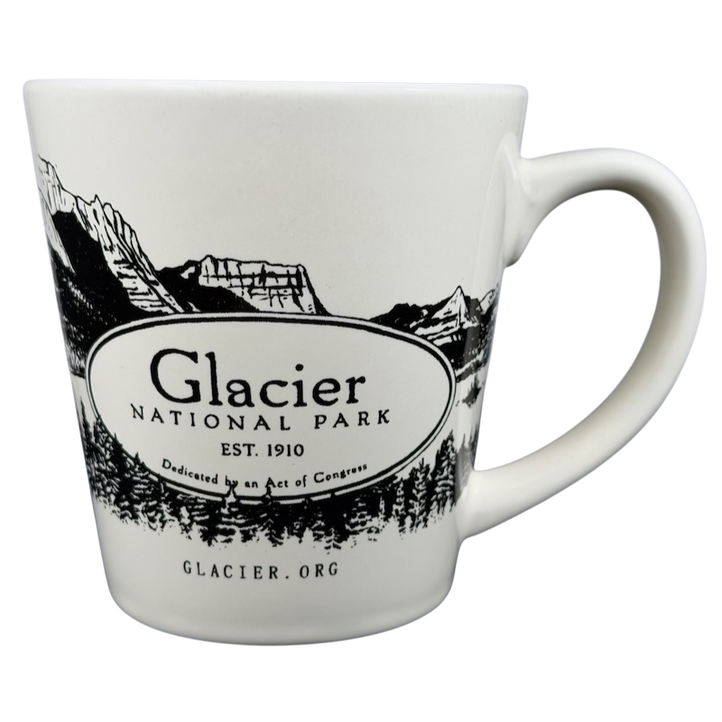 Glacier National Park mug featuring a black and white mountain design with established date