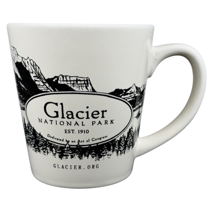 Glacier National Park mug featuring a black and white mountain design with established date