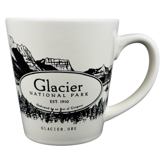 Glacier National Park mug featuring a black and white mountain design with established date