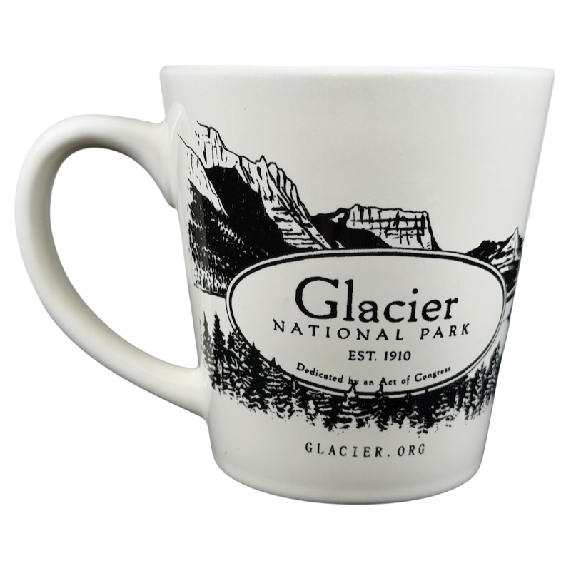 Glacier National Park mug featuring mountain landscape and established date for outdoor enthusiasts