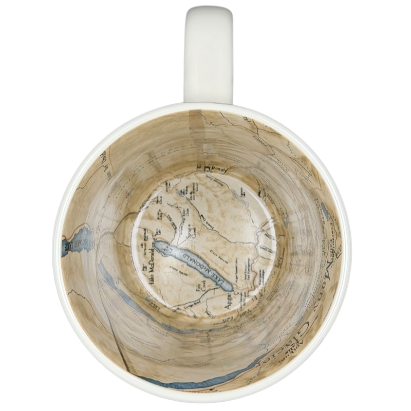 Inside view of a glacier national park mug featuring a detailed map design