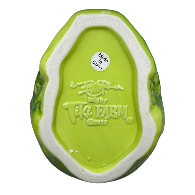 Bottom view of the Golden Tiki Las Vegas mug by Tiki Farm with brand imprint and vibrant green color