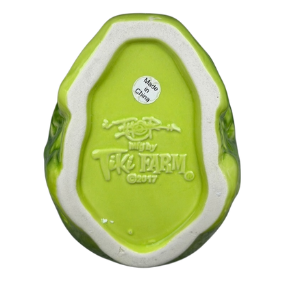 Bottom view of the Golden Tiki Las Vegas mug by Tiki Farm with brand imprint and vibrant green color