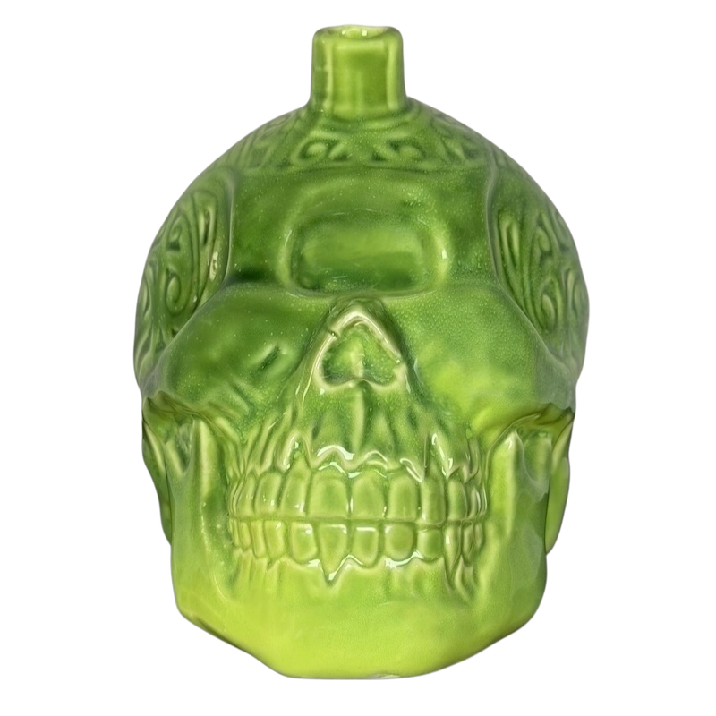 Golden Tiki Las Vegas mug in vibrant green resembling a skull design for tiki cocktail enthusiasts