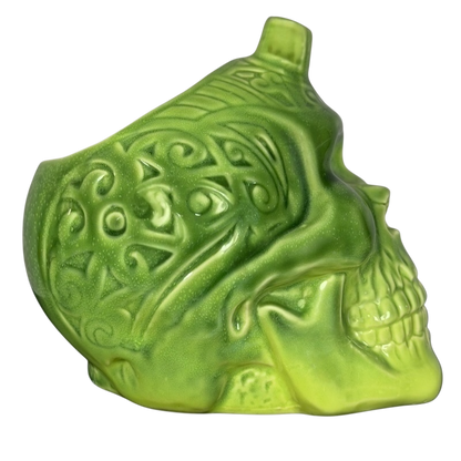 Golden Tiki Las Vegas mug in vibrant green with intricate skull design and detailing