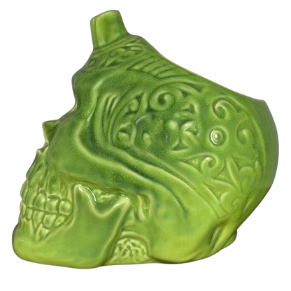 Golden Tiki Las Vegas mug in green skull design with intricate etched patterns