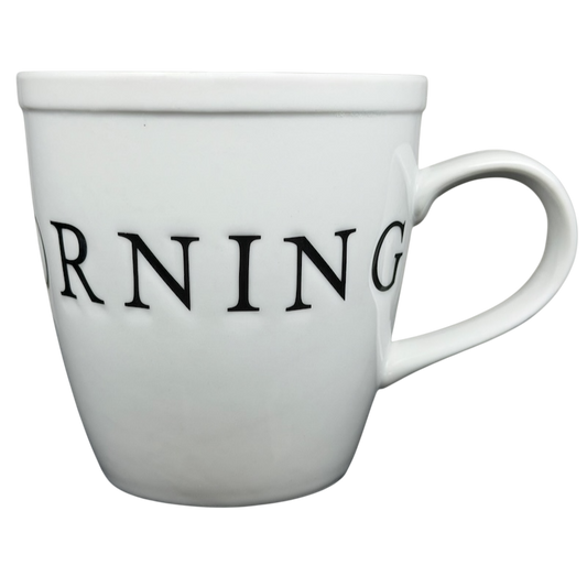 Good Morning Vintage Etched Mug World Market in white ceramic with black lettering