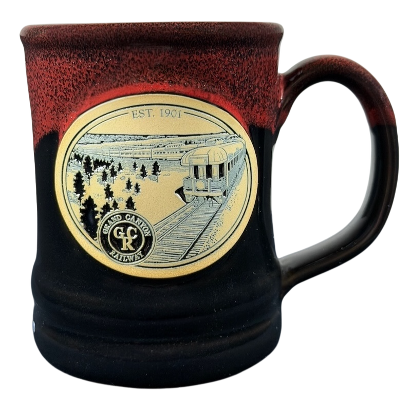Grand Canyon Railway Deneen Pottery collectible mug with vintage train design and rich colors