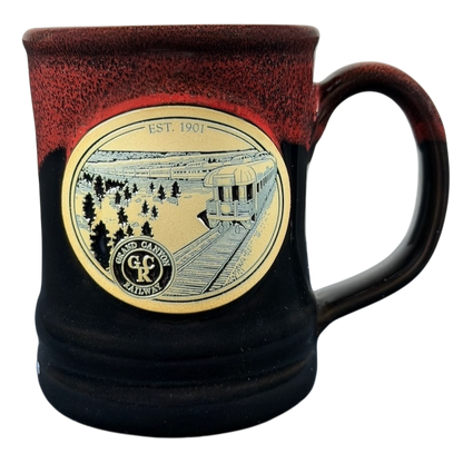 Grand Canyon Railway Deneen Pottery collectible mug with vintage train design and rich colors