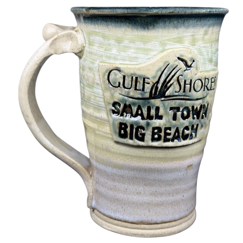 Gulf Shores sea turtle pottery mug with a 'Small Town Big Beach' design and textured handle