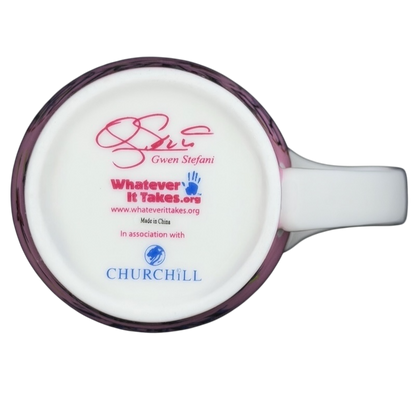 Bottom view of Gwen Stefani collectible mug featuring signature and charity details from Churchill
