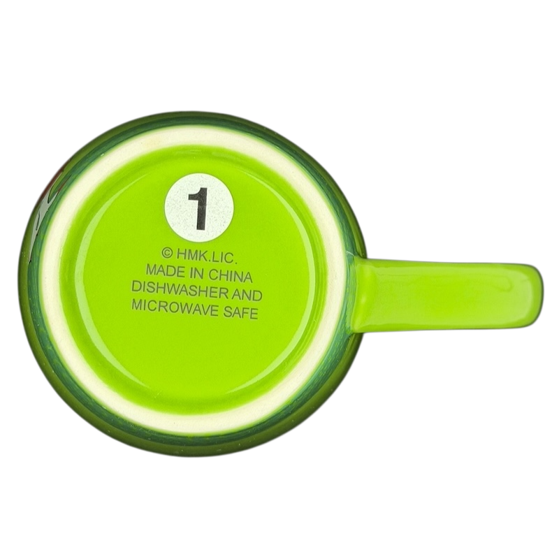 Bottom view of a Hallmark Christmas Peace On Earth mug, highlighting microwave and dishwasher safe features