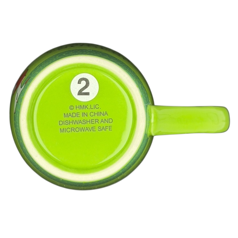 Bottom view of Hallmark Christmas Peace On Earth mug showing dishwasher and microwave safe label