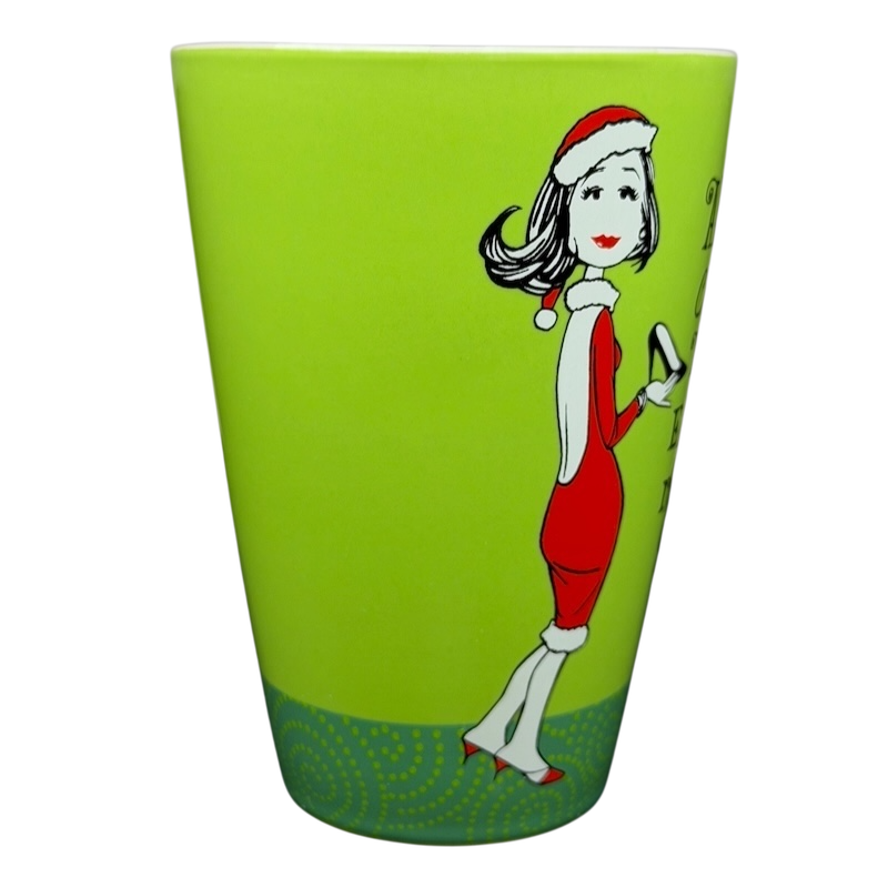 Hallmark Christmas Peace On Earth mug featuring a stylish woman in a red dress and Santa hat