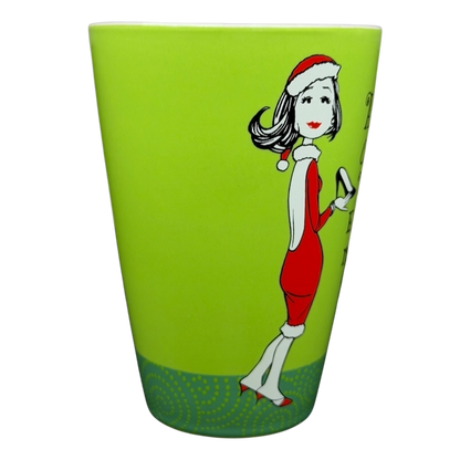 Hallmark Christmas Peace On Earth mug featuring a stylish woman in a red dress and Santa hat