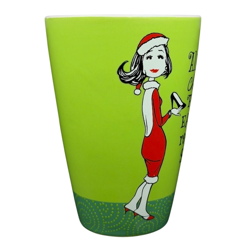 Hallmark Christmas Peace On Earth mug featuring a stylish woman in a festive outfit holding a drink