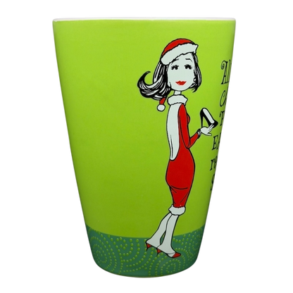 Hallmark Christmas Peace On Earth mug featuring a stylish woman in a festive outfit holding a drink