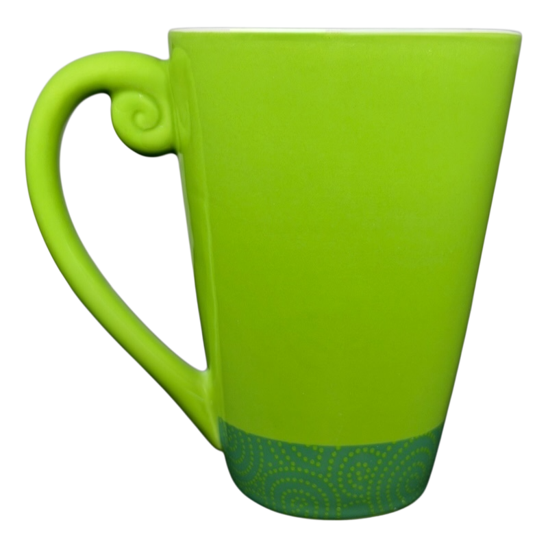 Bright green Hallmark Christmas Peace On Earth mug with elegant swirl handle and decorative base