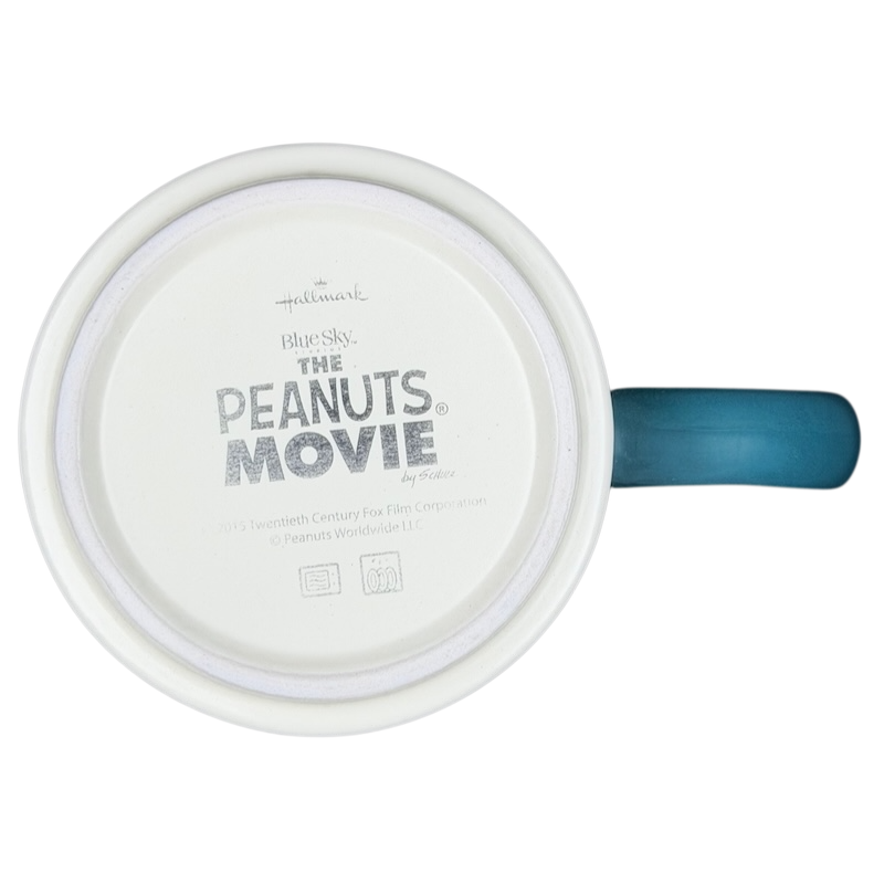 Top view of Peanuts Movie Relaxation Mug Hallmark featuring a teal handle and a minimalist design
