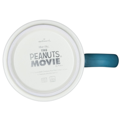 Top view of Peanuts Movie Relaxation Mug Hallmark featuring a teal handle and a minimalist design