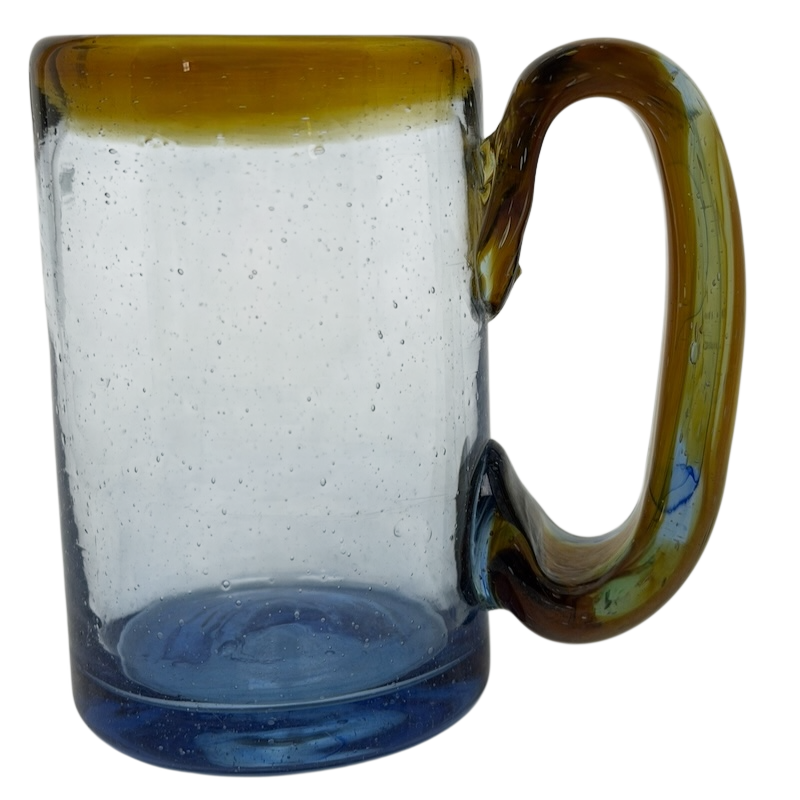 Hand Blown Mexican Art Glass Tankard Mug with a unique blue and amber design and sturdy handle