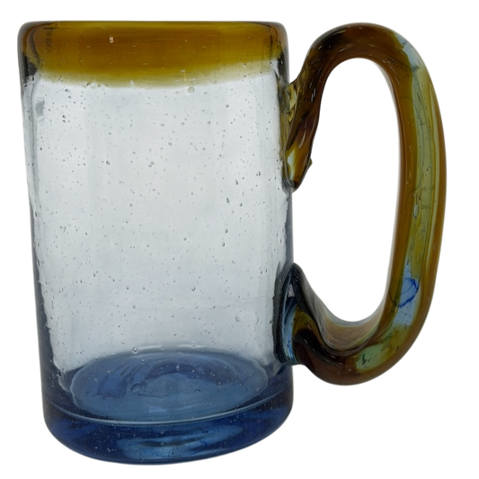 Hand Blown Mexican Art Glass Tankard Mug with a unique blue and amber design and sturdy handle