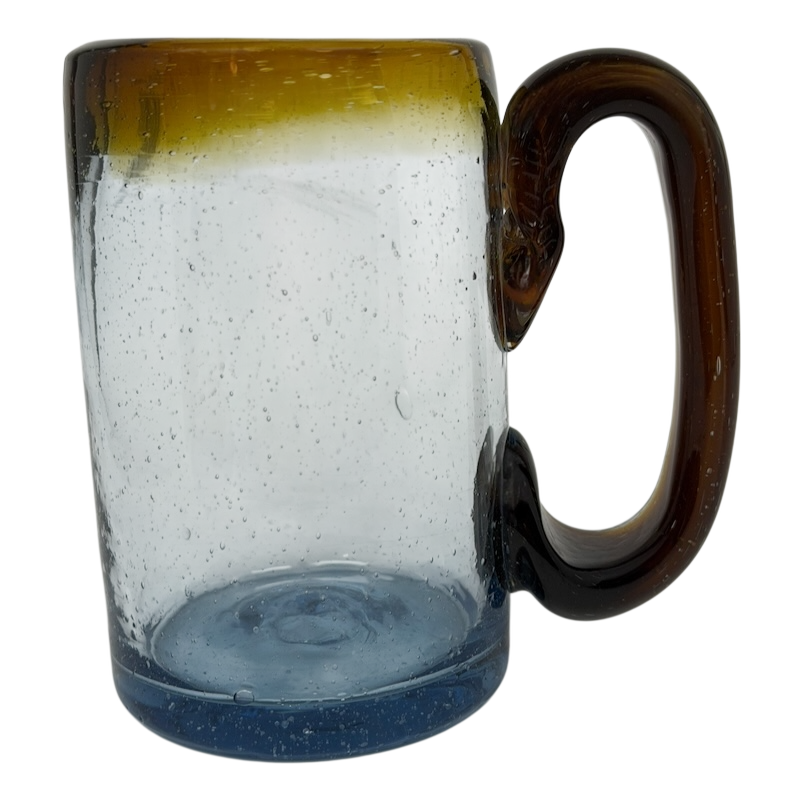 Hand Blown Mexican Art Glass Tankard Mug featuring a clear body and amber accent