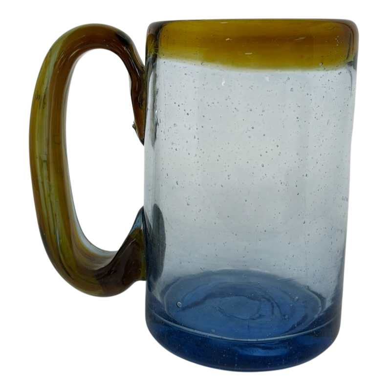 Hand Blown Mexican Art Glass Tankard Mug with Unique Blue and Amber Colors for Decorative Use