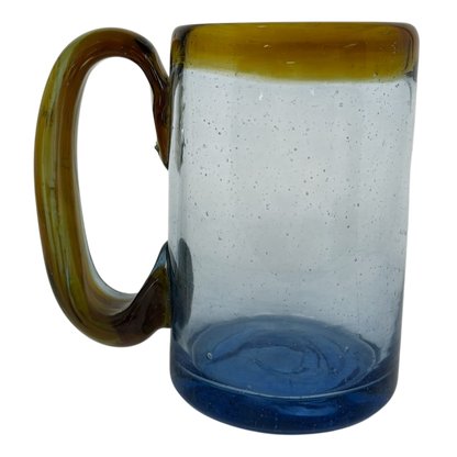 Hand Blown Mexican Art Glass Tankard Mug with Unique Blue and Amber Colors for Decorative Use