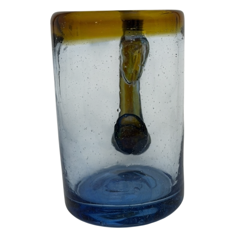 Hand Blown Mexican Art Glass Tankard Mug in transparent blue and amber colors