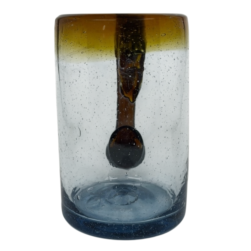 Hand Blown Mexican Art Glass Tankard Mug with a beautiful amber and blue design
