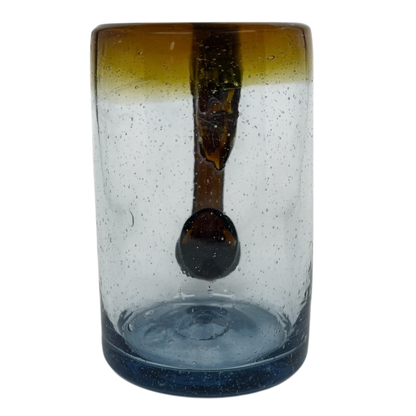 Hand Blown Mexican Art Glass Tankard Mug with a beautiful amber and blue design