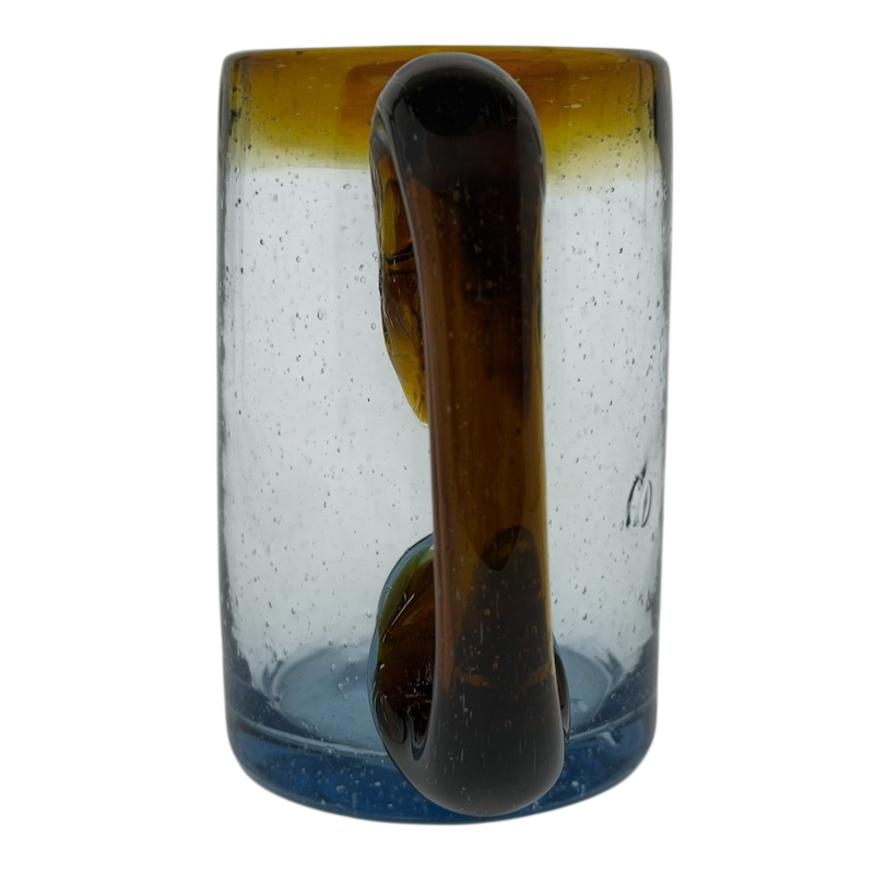 Hand Blown Mexican Art Glass Tankard Mug with Unique Colorful Handle and Elegant Design