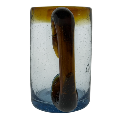 Hand Blown Mexican Art Glass Tankard Mug with Unique Colorful Handle and Elegant Design